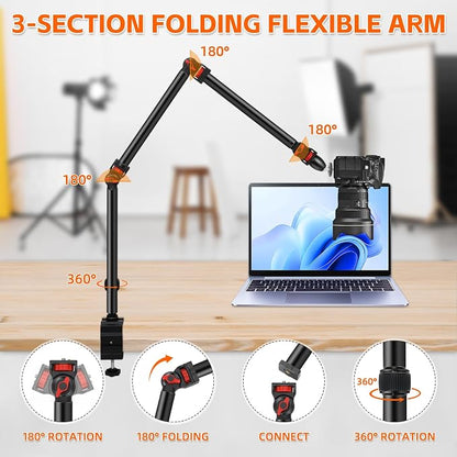 Taisioner Overhead Camera Mount Desk Stand 3-Section Articulated Arm with Heavy Duty C-Clamp 360° Ball Head 5LB Load Capacity Compatible with DSLR,Webcam,Lights,Microphone Live,YouTube,Online Courses