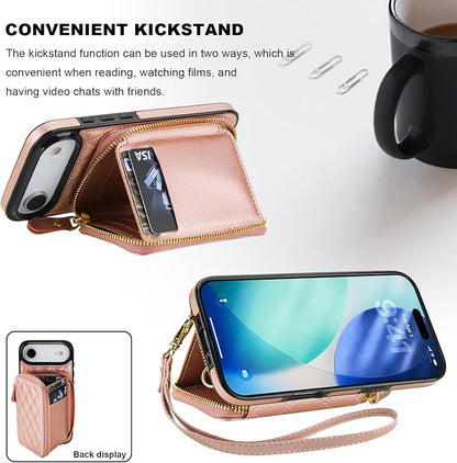 Bocasal Crossbody Wallet Case for iPhone 17 Air, RFID Blocking PU Leather Zipper Handbag Purse Flip Cover, Kickstand Folio Case with Card Slots Holder Wrist Strap Lanyard 5G 6.5 Inch (Rose Gold)