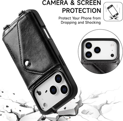 LUCKYCOIN for iPhone 17 Pro Crossbody Wallet Case – Genuine Leather Phone Purse with Adjustable Strap and Card Holder,Lanyard Phone Purse Case for Women,Vintage Black