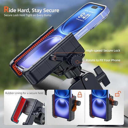 𝟑𝐫𝐝-𝐆𝐞𝐧 Anti Vibration Motorcycle Phone Mount Bike Phone Holder, E-Bike Handlebar Cell Phone Holder with Secure Lock, Electric Scooter Phone Holder for Bicycle/ATV Fit 4.7-7'' Phone