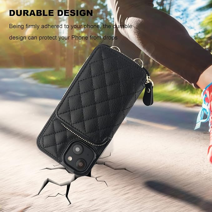 Bocasal Crossbody Wallet Case for iPhone 14 Plus, RFID Blocking PU Leather Zipper Handbag Purse Flip Cover, Kickstand Folio Case with Card Slots Holder Wrist Strap Lanyard 5G 6.7 Inch (Black)