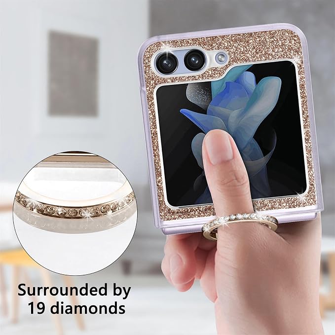 Bling Glitter Case for Samsung Galaxy Z Flip 6 with Ring Holder,Women Girls Cute Phone Case Non Slip Ultra Slim TPU Bumper Shockproof Protective Case for Galaxy Z Flip 6 5G 2024,Gold