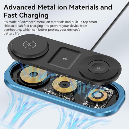 3 in 1 Fast Wireless Charger Stand for iPhone, Foldable Travel Charging Station for Magsafe for iPhone 17/Air/16/15/14/13/12 Series, Apple Watch Series, AirPods pro/2/3/4, 2025 Christ mas Gifts (Blue)