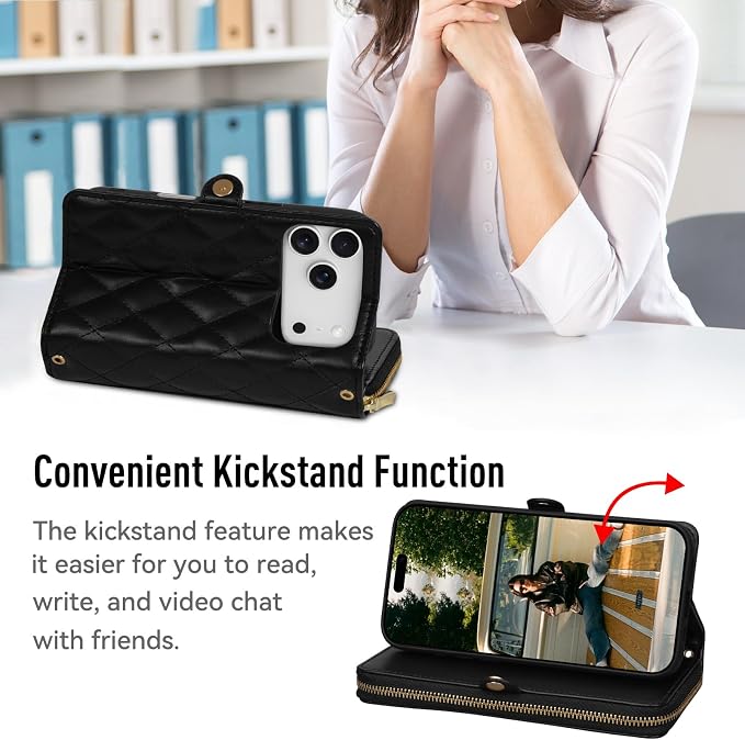 Rssviss Crossbody Case for iPhone 17 Pro Max Case Wallet, RFID Blocking Leather with Card Holder Kickstand, Handbag Zipper Flip Cover with Wrist Strap for iPhone 17 Pro Max Men Women 6.9", Black