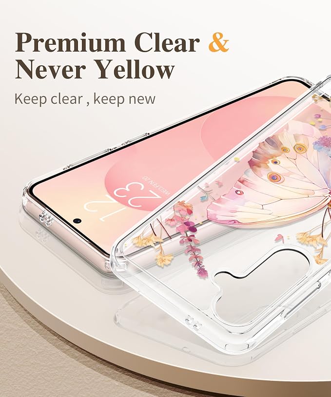 GVIEWIN for Samsung Galaxy S25 Case, Clear Floral Slim Shockproof Protective Women Phone Case, Non-Yellowing, with Screen Protector & Camera Lens Protector for Galaxy S25 6.2", Magic Butterfly/Golden