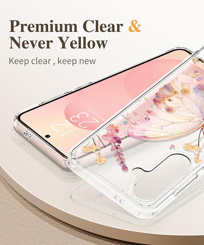 GVIEWIN for Samsung Galaxy S25 Case, Clear Floral Slim Shockproof Protective Women Phone Case, Non-Yellowing, with Screen Protector & Camera Lens Protector for Galaxy S25 6.2", Magic Butterfly/Golden