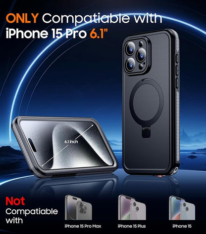 Temdan Magnetic for iPhone 15 Pro Case Waterproof, [Built-in Ring Invisible Stand & Screen Protector][IP68 Underwater][Dropproof][Dustproof][Real 360] Shockproof Protective Phone Case 6.1'' -Gray