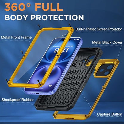 Beasyjoy for iPhone 16 Case Waterproof, Metal Heavy Duty Full Body Protective Case with Built-in Screen Protector, Military Grade Shockproof Dustproof Defender Rugged Cover for iPhone 16 6.1" Yellow