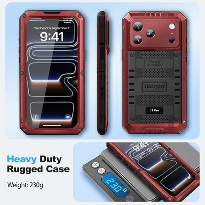 Beasyjoy for iPhone 17 Pro Case Waterproof, Heavy Duty Metal Full Body Protection, Built-in Screen Protector, Military Grade Shockproof Dustproof Rugged Cover for iPhone 17 Pro 6.3", Red