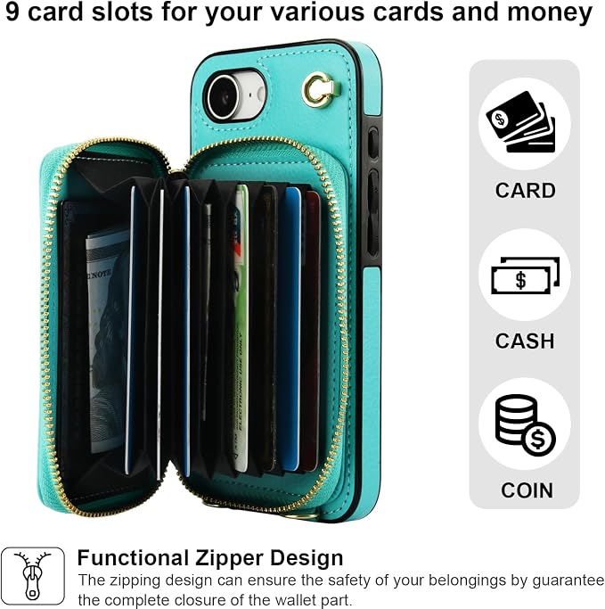 Bocasal Crossbody Wallet Case for iPhone 17e/16e, RFID Blocking Leather Purse Case with Card Holder, Protective Handbag Flip Cover with Zipper Wrist Strap Lanyard for Women 5G 6.1 Inch (Mint Green)