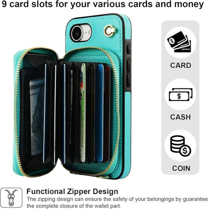 Bocasal Crossbody Wallet Case for iPhone 17e/16e, RFID Blocking Leather Purse Case with Card Holder, Protective Handbag Flip Cover with Zipper Wrist Strap Lanyard for Women 5G 6.1 Inch (Mint Green)