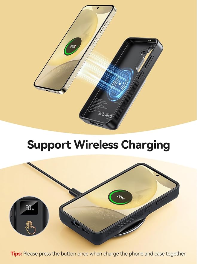 Mavulo Battery Case for Samsung Galaxy S24 6.2", 8000mAh Portable Charger with LED Display, Qi Wireless Charging, 20W USB-C Fast Charging, Sync Data & Wired Audio Supported – Black
