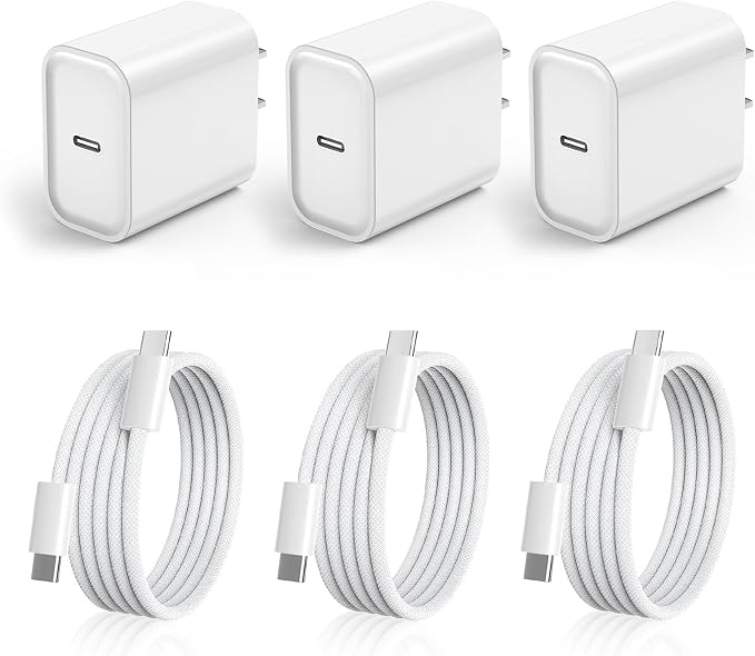 3 Pack iPhone 17 USB C Charger Fast Charging,20W Type C Port Wall Charger Power Brick with USB C to C Braided Cable Compatible with iPhone 17/17 Pro/17 Air/17 Pro Max/16/16 Pro/16 Plus/16 Pro Max/15