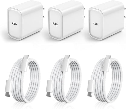 3 Pack iPhone 17 USB C Charger Fast Charging,20W Type C Port Wall Charger Power Brick with USB C to C Braided Cable Compatible with iPhone 17/17 Pro/17 Air/17 Pro Max/16/16 Pro/16 Plus/16 Pro Max/15