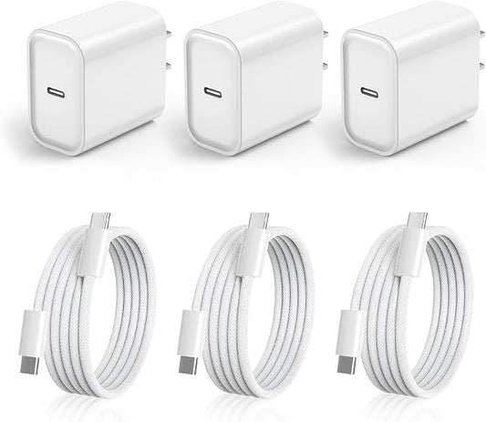 3 Pack iPhone 17 USB C Charger Fast Charging,20W Type C Port Wall Charger Power Brick with USB C to C Braided Cable Compatible with iPhone 17/17 Pro/17 Air/17 Pro Max/16/16 Pro/16 Plus/16 Pro Max/15