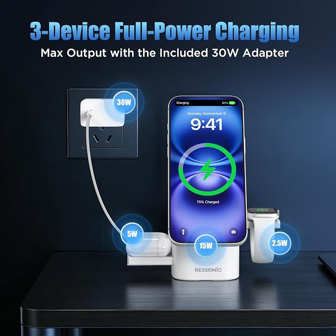 3 in 1 Wireless Charging Station for iPhone 17/16/15/14/13/12 Pro Max, Qi 2 Certified 15W Fast Charging Magnetic Charger Stand for Magsafe Phone, AirPods, Smart Watch (Desert Color)