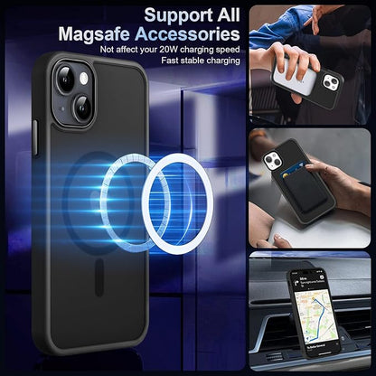 MOCCA Strong Magnetic for iPhone 13 Case, [Compatible with Magsafe][Screen Protector+Camera Lens Protector] Translucent Matte Back Slim Shockproof Case for iPhone 13 Phone Case 6.1", Black
