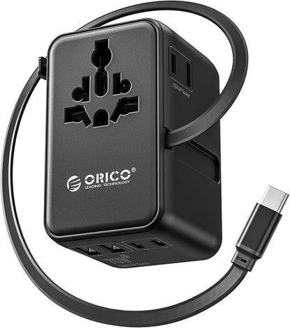 ORICO Universal Travel Adapter 70W GaN International Power Adapter | 7 in 1 (2 AC, 3 USB-C, 2 USB-A) European Travel Plug Adapter, Built-in Retractable USB-C Cable for Eu UK AU 200+ Countries