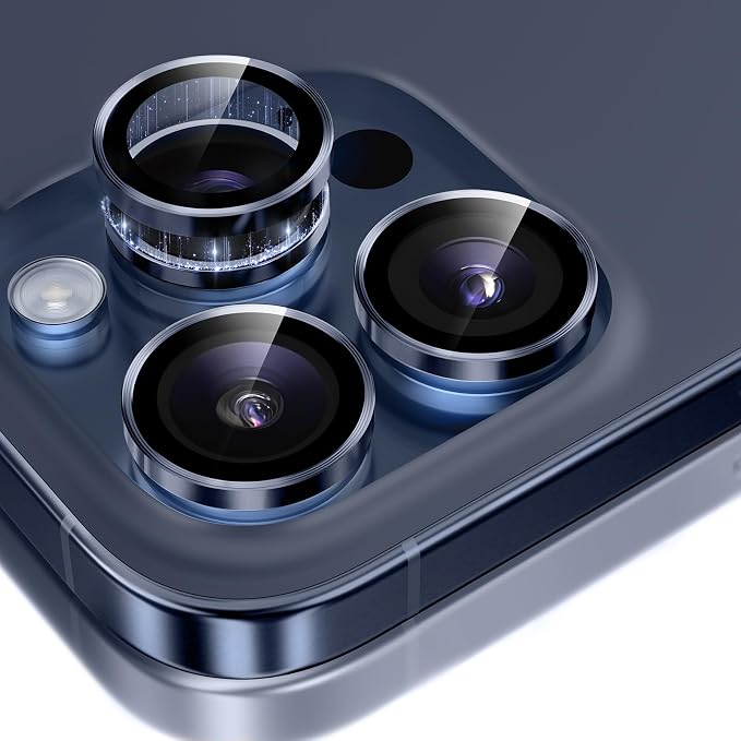 GolbinBox Camera Lens Protector for iPhone 15 Pro/15 Pro Max, 1:1 Invisible Fit, 9H Tempered Glass Ultra HD Metal Individual Camera Cover, Case Friendly, Deep Blue