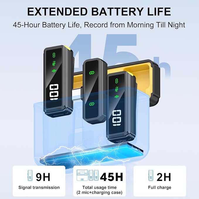 Mini Lavalier Microphone for iPhone/Android/PC, Lav Mic with 45H Battery, Noise Cancellation, 48KHz 16-Bit, Wireless Mic for Video Recording, Tiktok, YouTube, Vlog (Black+Yellow)