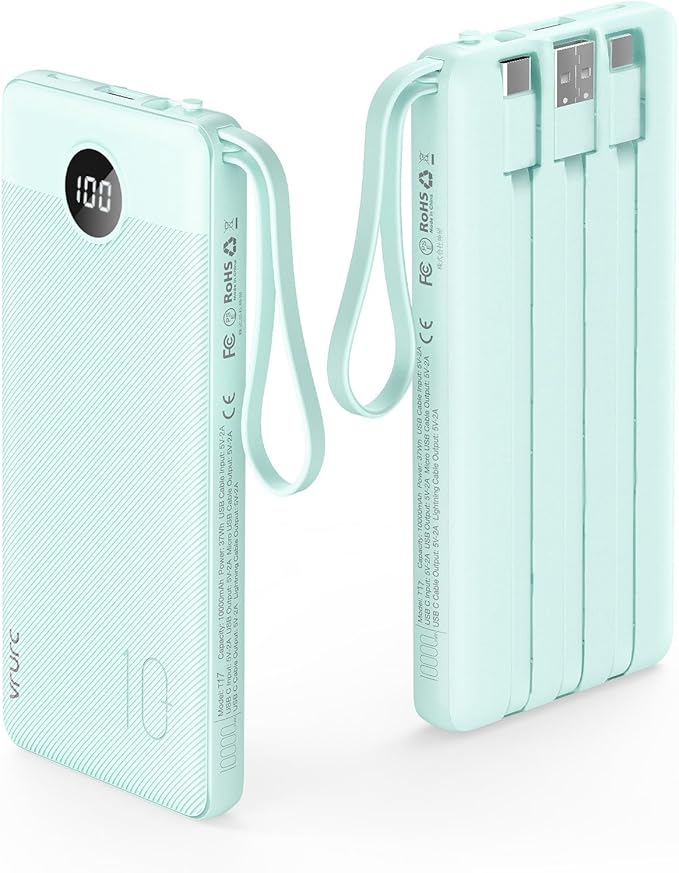 VRURC Portable Charger, 22.5W Fast Charging Power Bank Built‑in 4 Cables | 10000mAh Slim Lightweight Travel Battery Pack for iPhone, Samsung & Multi Devices, Pocket‑Friendly with Lanyard-Green(1 Pack)