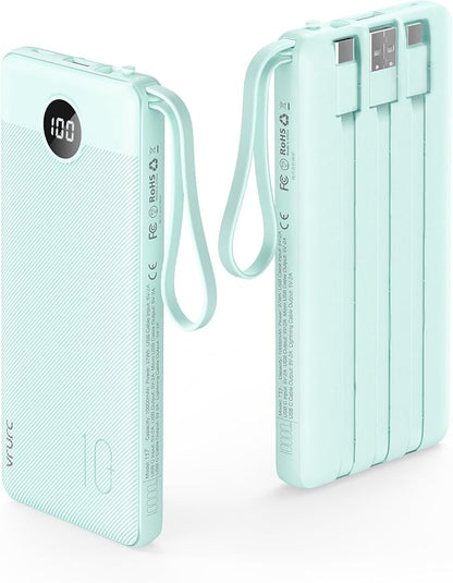 VRURC Portable Charger, 22.5W Fast Charging Power Bank Built‑in 4 Cables | 10000mAh Slim Lightweight Travel Battery Pack for iPhone, Samsung & Multi Devices, Pocket‑Friendly with Lanyard-Green(1 Pack)
