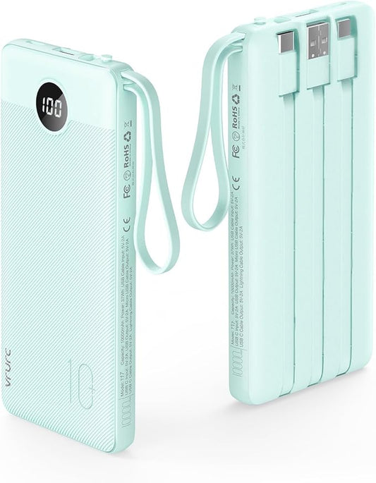 VRURC Portable Charger, 22.5W Fast Charging Power Bank Built‑in 4 Cables | 10000mAh Slim Lightweight Travel Battery Pack for iPhone, Samsung & Multi Devices, Pocket‑Friendly with Lanyard-Green(1 Pack)