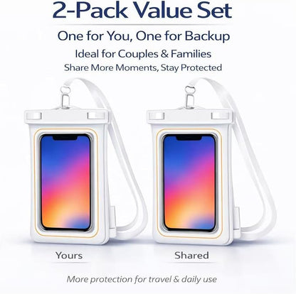 2-Pack IPX8 Floating Waterproof Phone Pouch, Dry Bag with Lanyard, Fits up to 7.2”, Compatible with iPhone 16/15/14/13 Pro Max, Galaxy S25/S24 Ultra, Pixel for Snorkeling, Kayaking (White-White)