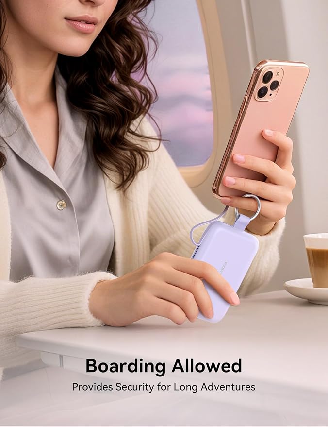 RORRY Portable Charger, 10000mAh PD 30W Fast Charging Portable Charger Power Bank with Built-in Cables, Travel Keychain Charger Battery Pack for iPhone 17/16/15/14/13/12, for AirPods 2/3/4/Pro, Purple