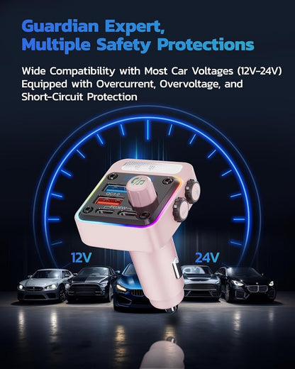 Nulaxy 54W Bluetooth 5.3 Car Adapter with 4 Charging Ports [PD 36W & QC3.0 18W], Wireless Radio FM Transmitter with Deep Bass Player & 5 Colors LED Backlit, Hands-Free Calling - Pink