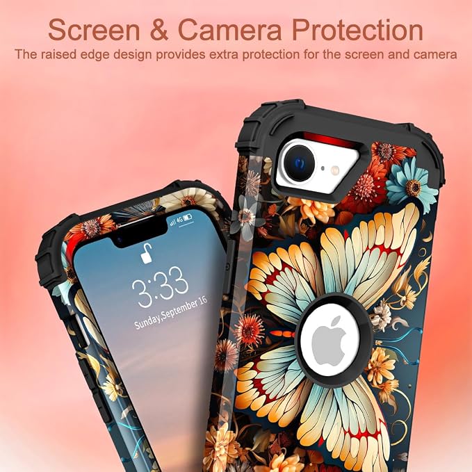 Hocase for iPhone 17e/iPhone 16e Case, Heavy Duty Shockproof Protection Hard Plastic+Silicone Rubber Hybrid Protective Phone Case for iPhone 17e/16e 6.1" - Butterfly on Flowers