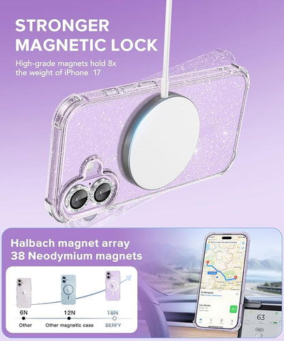 BERFY for iPhone 17 Case for Women, Clear Glitter Shockproof Protective Case, Anti-Yellowing, with Screen Protector & Camera Lens Protector 6.3", Magnetic Diamond Sparkle