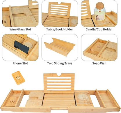 Bathtub Tray Caddy,Bamboo Bathroom Accessories,Expandable Bath Tray,Can be Placed Book and Integrated Tablet Smartphone and Wine Holder,Relaxing Gifts for Women(Natural)