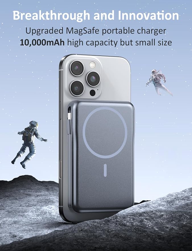 Magnetic Portable Charger, 10000mAh Power Bank, 5 in 1 Portable Charger with Built in Cable, 20W Fast Charging for Magsafe Battery Pack Compatible with iPhone 17/16/15/14/13/12 Pro/Pro Max-SpaceGray