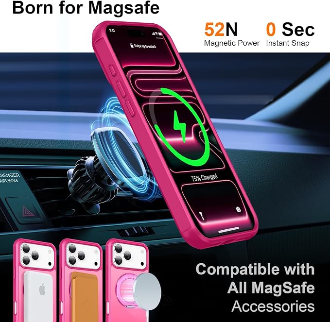 360° Magnetic Swivel Ring for iPhone 17 pro case, Built-in Metal Stand and Ring Holder, Magsafe Compatible, Military Grade Protection, Shockproof - Rose Pink