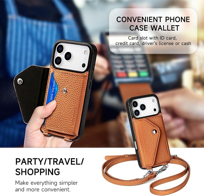 LUCKYCOIN for iPhone 17 Pro Crossbody Wallet Case – Genuine Leather Phone Purse with Adjustable Strap and Card Holder,Lanyard Phone Purse Case for Women,Pebble Grain Brown