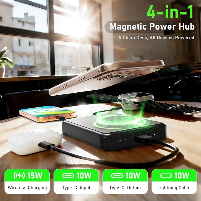 Magnetic Power Bank 10000mAh, 4-in-1 Portable Charger with Built-in USB-C/Lightning Cable Foldable Stand, 15W Fast Charging Wireless Battery Pack for Samsung, Android, iPhone, Travel Essential
