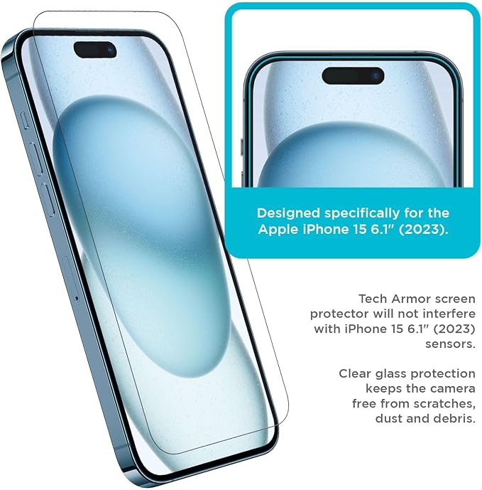 Tech Armor for Apple iPhone 15 Screen Protector Glass 6.1 inch - Ballistic Tempered, Case Friendly, Easy Install, Sensor Protection, HD, 9H Hardness, 3 Pack + Bonus Camera Lens Protectors