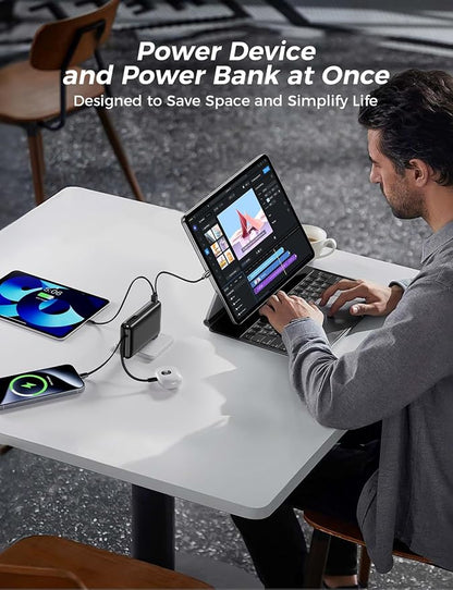 Portable Charger with Built-in Cables & Wall Plug, 50000mAh Power Bank, 4 Outputs 22.5W USB C Fast Charging, Slim Travel Battery Pack with LED Display for iPhone 17/16/15/14, Dark