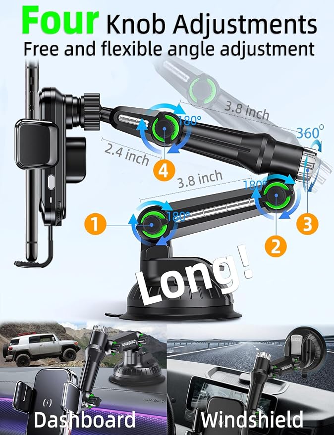 Wireless car Charger Truck Phone Mount Holder, [10-inch Long arm] 15W Fast Charging Pickup Heavy Duty Trucks Vacuum Phone Holders Large SUV Windshield Dashboard, for iPhone Samsung LG