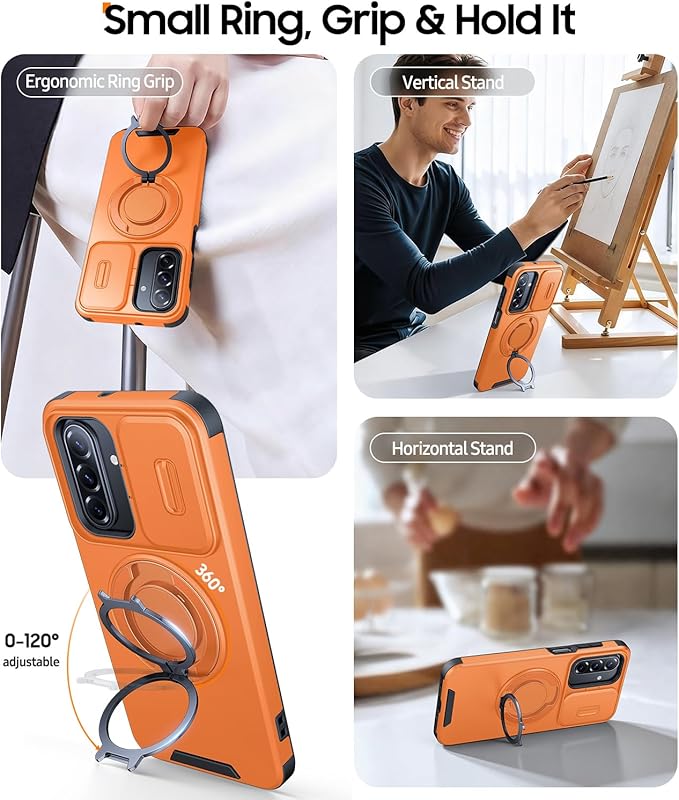 JAME for Samsung Galaxy A57 5G Case, Ring Holder Stand Kickstand, Slide Camera Cover, 2 Screen Protectors, Dual-Layer Shockproof Protective, Magnetic Accessory Friendly Galaxy A57 Phone Case, Orange
