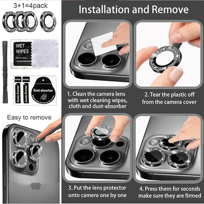 Compatible for iPhone 17/17 Pro/iPhone 17 Pro Max Camera Lens Protector Bling, Cute Sparkle Glitter Camera Cover for Women, Individual Ring, Anti-Scratch (3 Protectors + 1 Extra), Black