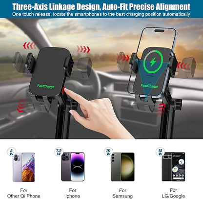 Wireless Car Charger Phone Mount Cup Holder, 3 in 1 15W Fast Charging Auto Clamping Cup Holder Expander for Car, Phone Holders for Your Car CupHolder Wireless Charger Compatible for All Smartphones