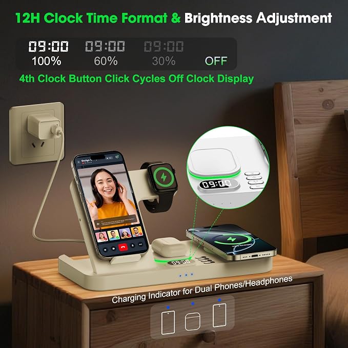 Dual Phone Wireless Charging Station for Apple Devices, Magnetic Charging Station for iPhone with Auto Switch 7-Color Light&Clock, Family Watch Charger for iPhone17 for iWatch11 for AirPods Pro3(Snow)