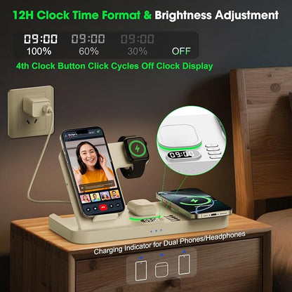 Dual Phone Wireless Charging Station for Apple Devices, Magnetic Charging Station for iPhone with Auto Switch 7-Color Light&Clock, Family Watch Charger for iPhone17 for iWatch11 for AirPods Pro3(Snow)