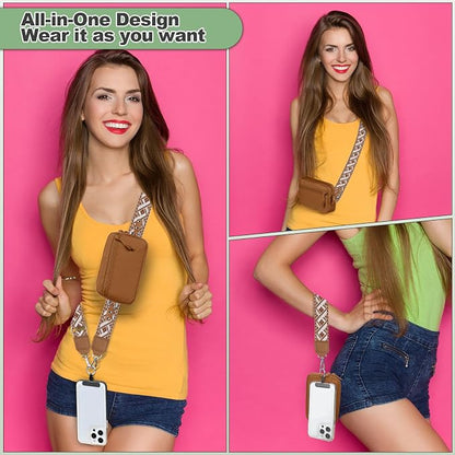 YFWE Clip and Go Strap for Phone with Wallet Crossbody, Adjustable Phone Lanyard with Detachable RFID Wristlet Wallet, Pattern Strap, Bronze(M)