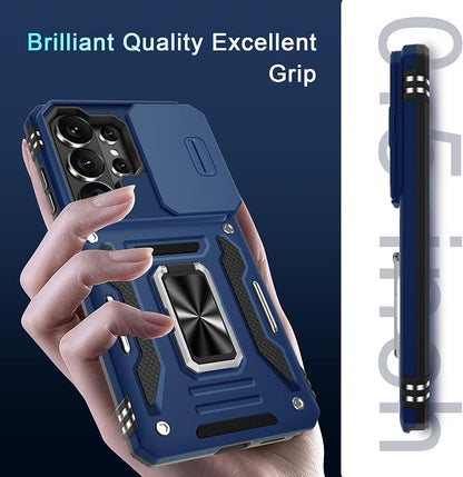 DEERLAMN Case for Samsung Galaxy S26 Ultra 6.9-Inch with Slide Camera Cover+Screen Protector(1 Pack), Rotated Ring Kickstand Military Grade Shockproof Protective Cover-Navy Blue