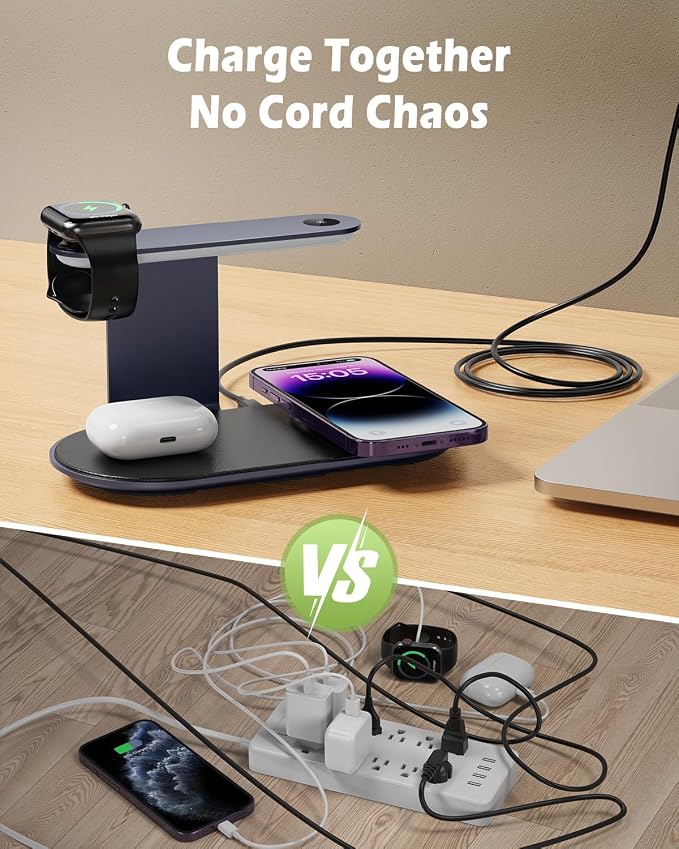 KeeKit Wireless Charger, 4 in 1 Wireless Charging Station with Dimmer Night Light, Fast Charging Dock for iPhone, iWatch, AirPods, Lamp Charging Station for Bedroom, Desk, Office