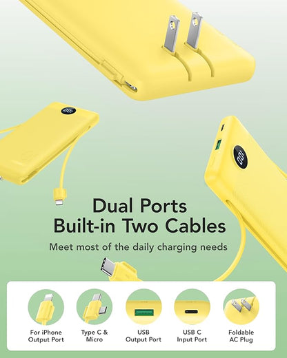 VRURC Portable Charger Power Bank - 10000mAh Fast Charging 22.5W PD 20W Slim Portable Charger Built in Cables Power Bank with Cords,USB C Portable Phone Charger Travel Accessories -Yellow
