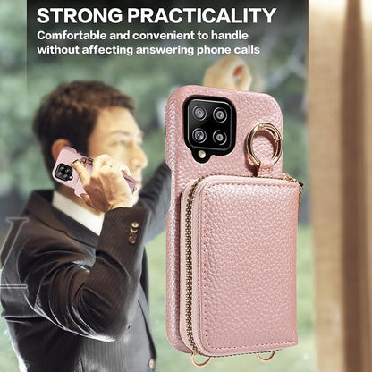 Wallet Case for Samsung Galaxy A22 4G 6.4 inch with Shoulder Strap Ring Buckle, PU Leather Zipper Organ Purse, Credit Card Holder Stand Phone Cover for M32 M22 F22 A 22 22A G4 Women Rose Gold